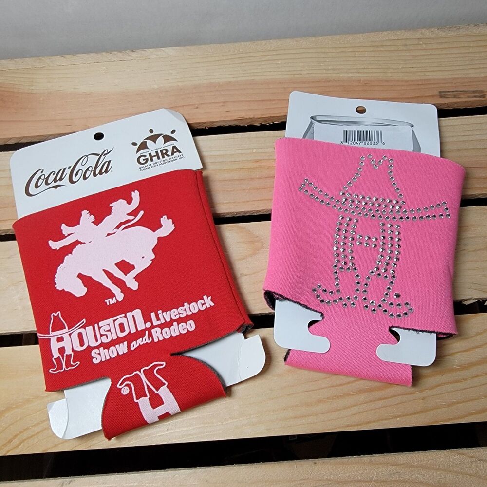 2 Houston Livestock Show & Rodeo Can Koozie Bull Rider Red & Bling Pink